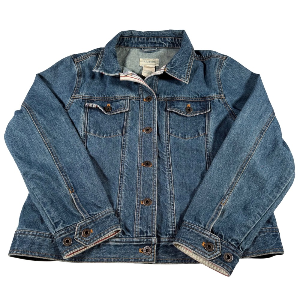 LL Bean Denim Trucker Jacket Womens M Reg Blue Medium Wash Striped Trim 0APT8
